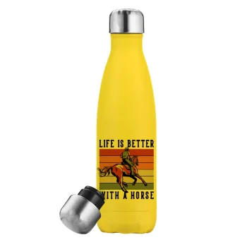 Life is Better with a Horse, Yellow Stainless Steel Metallic Thermos, double-walled, 500ml