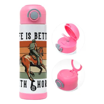 Life is Better with a Horse, Children's hot water bottle, stainless steel, with safety straw, PINK (500ml)