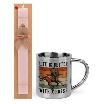 Life is Better with a Horse, Easter Set, metallic thermal cup (300ml) & aromatic flat Easter candle (30cm) (PINK)