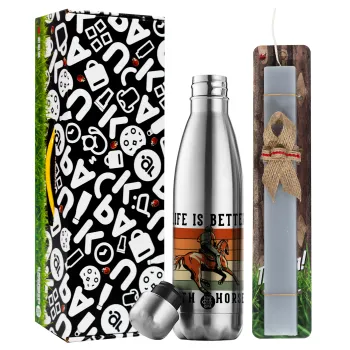 Life is Better with a Horse, Easter Set, metallic stainless thermos flask (500ml) & scented flat Easter candle (30cm) (GRAY)