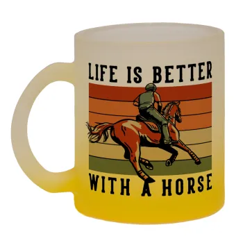 Life is Better with a Horse, Κούπα γυάλινη δίχρωμη με βάση το κίτρινο ματ, 330ml