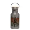 Stainless steel metallic thermos flask, silver with a bamboo lid, double-walled, 350ml.