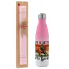 Easter Set, Metallic pink/white (Stainless steel) thermos, double-walled, 500ml & aromatic flat Easter candle (30cm) (PINK)