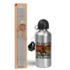 Easter Set, metallic silver aluminum water bottle (500ml) & aromatic flat Easter candle (30cm) (GRAY)