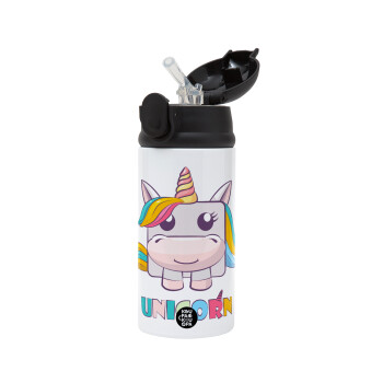 Unicorns cube, Children's hot water bottle, stainless steel, with safety straw, Black (360ml) BPA-FREE