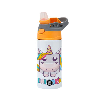 Unicorns cube, Children's hot water bottle, stainless steel, with safety straw, Orange/Grey (360ml) BPA-FREE