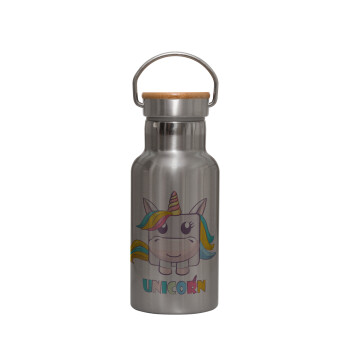 Unicorns cube, Stainless steel metallic thermos flask, silver with a bamboo lid, double-walled, 350ml.