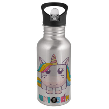 Unicorns cube, Water bottle Silver with straw, stainless steel 500ml