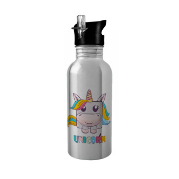 Unicorns cube, Water bottle Silver with straw, stainless steel 600ml