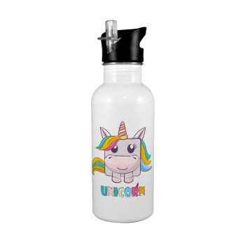 Unicorns cube, White water bottle with straw, stainless steel 600ml
