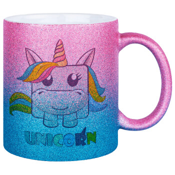 Unicorns cube, Κούπα Χρυσή/Μπλε Glitter, κεραμική, 330ml