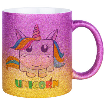 Unicorns cube, Κούπα Χρυσή/Ροζ Glitter, κεραμική, 330ml