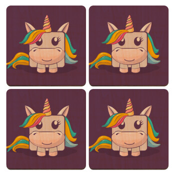 Unicorns cube, ΣΕΤ x4 Σουβέρ ξύλινα τετράγωνα plywood (9cm)
