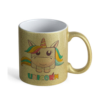 Unicorns cube, Κούπα Χρυσή Glitter που γυαλίζει, κεραμική, 330ml