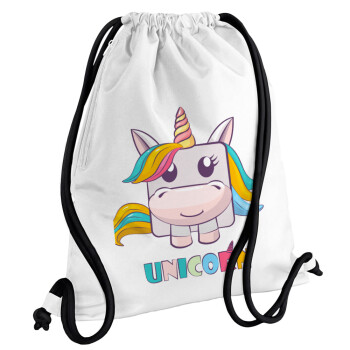 Unicorns cube, Τσάντα πλάτης πουγκί GYMBAG λευκή, με τσέπη (40x48cm) & χονδρά κορδόνια