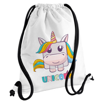 Unicorns cube, Backpack pouch GYMBAG white, with pocket (40x48cm) & thick cords