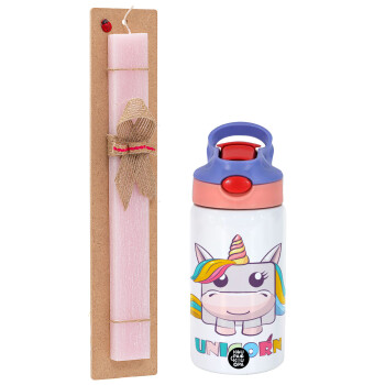 Unicorns cube, Easter Set, Children's thermal stainless steel water bottle with safety straw, pink/purple (350ml) & Easter scented flat candle (30cm) (PINK)