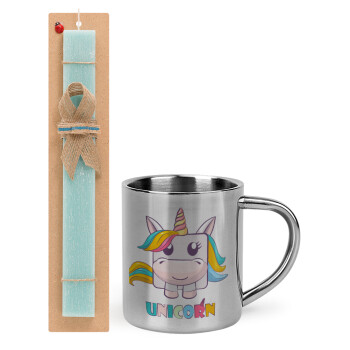 Unicorns cube, Easter Set, metallic thermal cup (300ml) & aromatic flat Easter candle (30cm) (TURQUOISE)