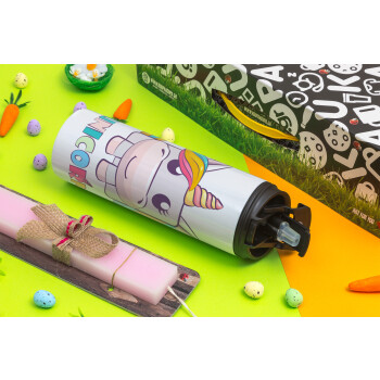 Unicorns cube, Easter candle,Travel Tumbler 2 Lids, with metal straw & cleaning brush & aromatic flat candle (30cm) (PINK)