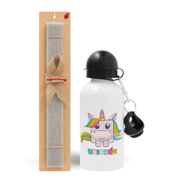 Unicorns cube, Easter Set, metallic aluminum water bottle (500ml) & aromatic flat Easter candle (30cm) (GRAY)