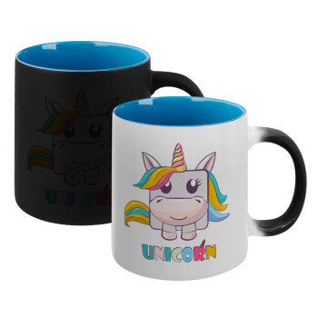 Unicorns cube, Κούπα Μαγική εσωτερικό μπλε, κεραμική 330ml που αλλάζει χρώμα με το ζεστό ρόφημα