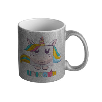 Unicorns cube, Κούπα Ασημένια Glitter που γυαλίζει, κεραμική, 330ml