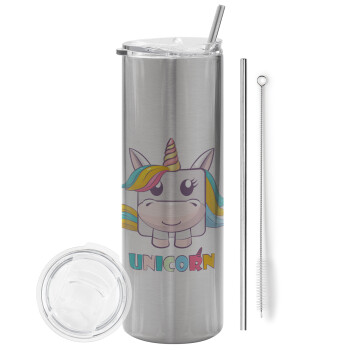 Unicorns cube, Eco friendly stainless steel Silver tumbler 600ml, with metal straw & cleaning brush