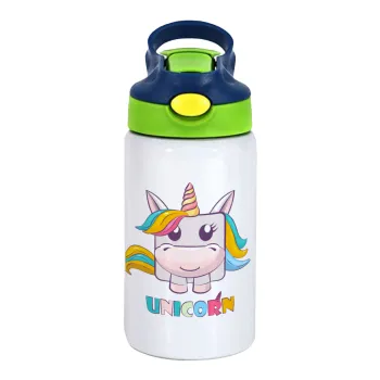Unicorns cube, Children's hot water bottle, stainless steel, with safety straw, green, blue (350ml)