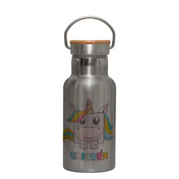 Unicorns cube, Stainless steel metallic thermos flask, silver with a bamboo lid, double-walled, 350ml.