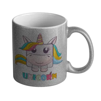 Unicorns cube, Κούπα Ασημένια Glitter που γυαλίζει, κεραμική, 330ml
