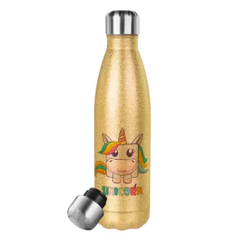 Unicorns cube, Glitter gold stainless steel thermos bottle, double-walled, 500ml