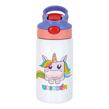 Unicorns cube, Παιδικό παγούρι θερμό, ανοξείδωτο, με καλαμάκι ασφαλείας, ροζ/μωβ (350ml)