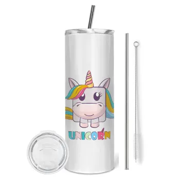 Unicorns cube, Tumbler ποτήρι θερμό από ανοξείδωτο ατσάλι 600ml, με μεταλλικό καλαμάκι & βούρτσα καθαρισμού