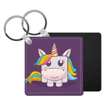 Unicorns cube, Μπρελόκ Δερματίνη, τετράγωνο ΜΑΥΡΟ (5x5cm)