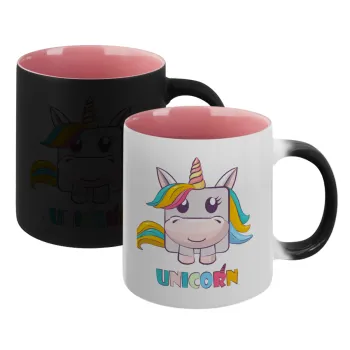 Unicorns cube, Κούπα Μαγική εσωτερικό ΡΟΖ, κεραμική 330ml που αλλάζει χρώμα με το ζεστό ρόφημα