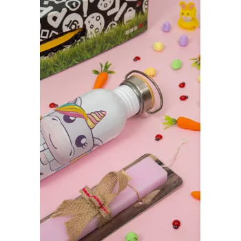 Unicorns cube, Πασχαλινή Λαμπάδα με παγούρι μεταλλικό (620ml, stainless steel) & κερί αρωματικό πλακέ (30cm) (ΡΟΖ)
