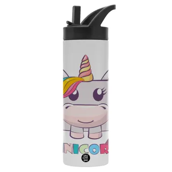 Unicorns cube, Metallic thermos bottle with straw & handle, stainless steel (Stainless steel 304), double-walled, 600ml.
