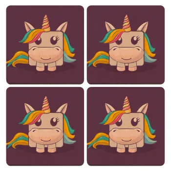 Unicorns cube, ΣΕΤ x4 Σουβέρ ξύλινα τετράγωνα plywood (9cm)