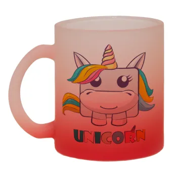 Unicorns cube, Κούπα γυάλινη δίχρωμη με βάση το κόκκινο ματ, 330ml