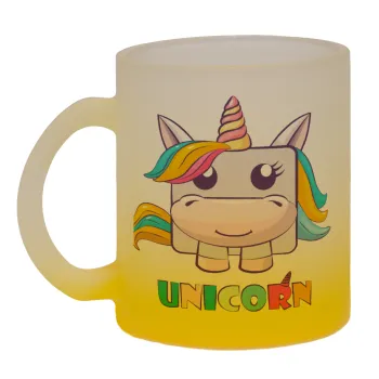 Unicorns cube, Κούπα γυάλινη δίχρωμη με βάση το κίτρινο ματ, 330ml