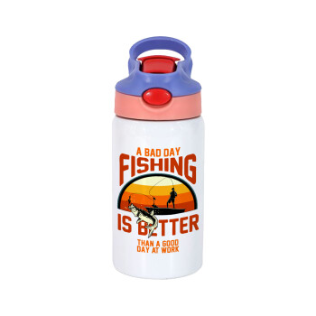 A bad day FISHING is better than a good day at work, Children's hot water bottle, stainless steel, with safety straw, pink/purple (350ml)