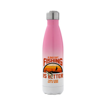 A bad day FISHING is better than a good day at work, Metal mug thermos Pink/White (Stainless steel), double wall, 500ml