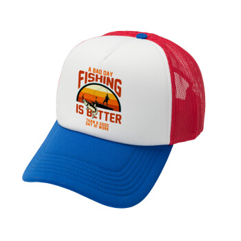 A bad day FISHING is better than a good day at work, Καπέλο Ενηλίκων Soft Trucker με Δίχτυ Red/Blue/White (POLYESTER, ΕΝΗΛΙΚΩΝ, UNISEX, ONE SIZE)