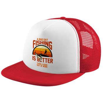 A bad day FISHING is better than a good day at work, Καπέλο Ενηλίκων Soft Trucker με Δίχτυ Red/White (POLYESTER, ΕΝΗΛΙΚΩΝ, UNISEX, ONE SIZE)