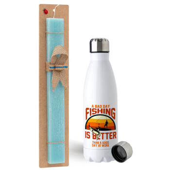 A bad day FISHING is better than a good day at work, Easter Set, metallic stainless steel water bottle (750ml) & aromatic flat Easter candle (30cm) (TURQUOISE)