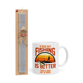 A bad day FISHING is better than a good day at work, Πασχαλινό Σετ, Κούπα κεραμική (330ml) & πασχαλινή λαμπάδα αρωματική πλακέ (30cm) (ΓΚΡΙ)