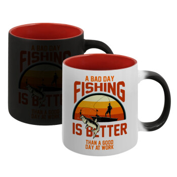 A bad day FISHING is better than a good day at work, Κούπα Μαγική εσωτερικό κόκκινο, κεραμική, 330ml που αλλάζει χρώμα με το ζεστό ρόφημα (1 τεμάχιο)
