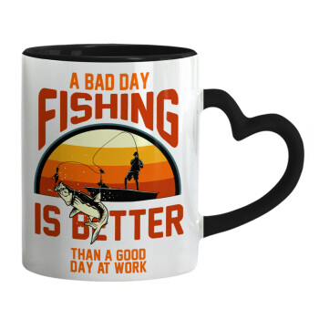 A bad day FISHING is better than a good day at work, Κούπα καρδιά χερούλι μαύρη, κεραμική, 330ml