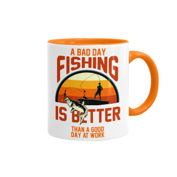 A bad day FISHING is better than a good day at work, Mug colored orange, ceramic, 330ml