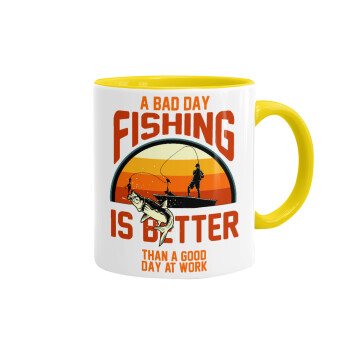 A bad day FISHING is better than a good day at work, Mug colored yellow, ceramic, 330ml